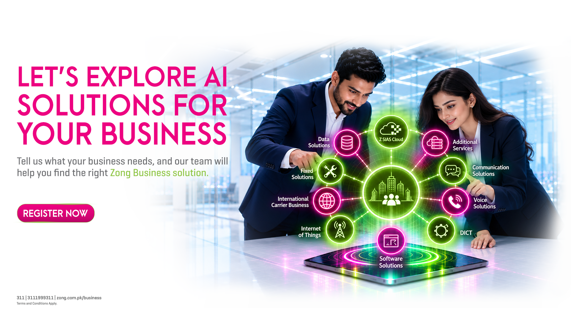 Zong 5G business promotion banner featuring a professional using a tablet in a smart city, with the message Get a Quote Today! and a Register Now button, highlighting fast response, expert support, trusted business solutions, and 5G connectivity